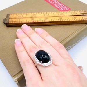 Vintage costume ring adjustable silver black NOS
